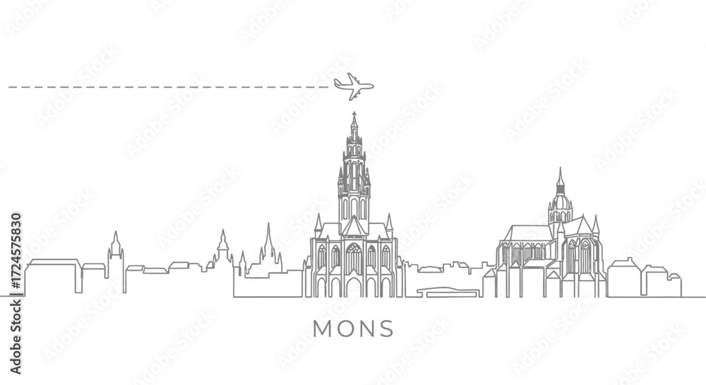 Fototapeta premium Mons Skyline Belgium city line art Plane.