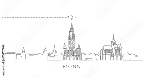 Mons Skyline Belgium city line art Plane.