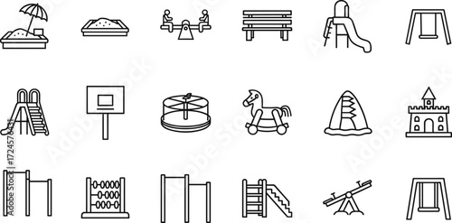 PrintPlayground equipment icon set, black line vector illustration, recreational park elements, kids activity symbols, creative design for outdoor play planning