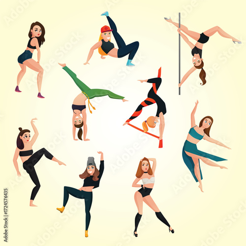 Cartoon Artistic Diverse Group Woman Dancer in Various Dance Poses Illustration