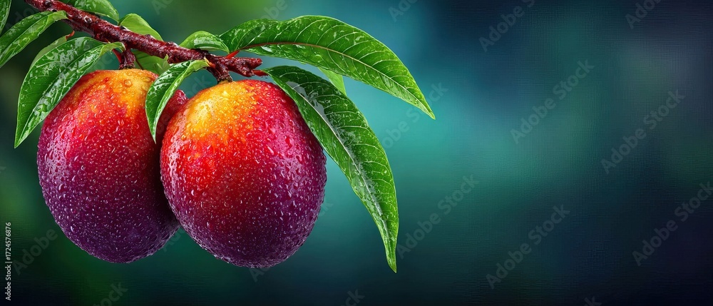 Obraz premium Two plums hang on a branch, covered in water droplets on blurred backdrop
