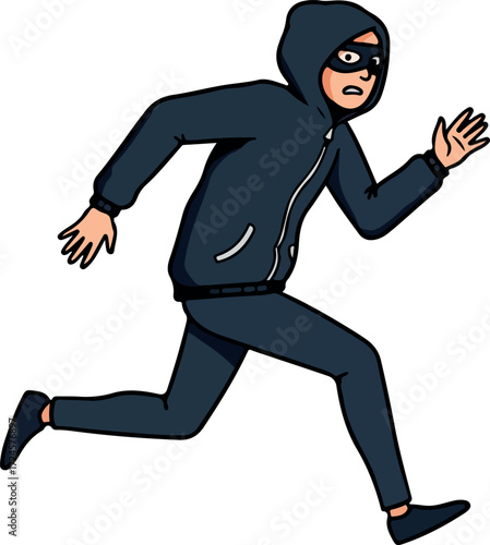 A running thief in a dark hoodie and mask escaping quickly.