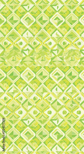 Abstract geometric pattern with diamond shapes and vibrant green color palette.