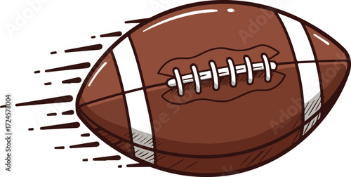 American football in motion brown leather ball white stripes fast movement.