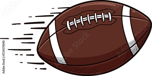 American football in motion brown leather white stripes laces fast movement.