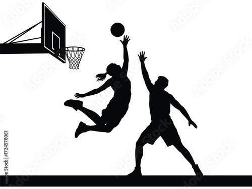 Dynamic silhouette of basketball players competing for a shot