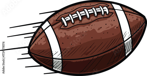 American football speeding through the air with motion lines.