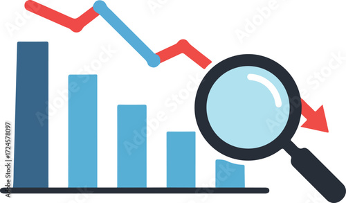 Analyzing financial decline with magnifying glass and bar graph.