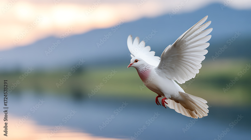Obraz premium White dove in flight over a serene lake with mountainous background at sunset