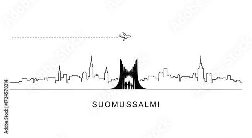 Suomussalmi Finland Skyline with Airplane and Family Silhouettes