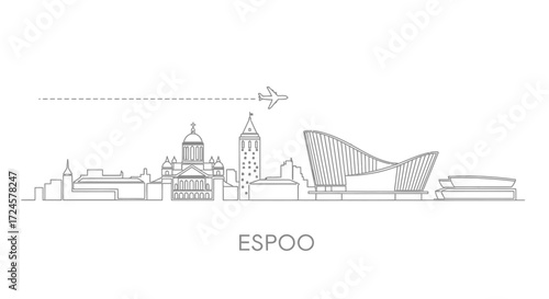 Espoo City Skyline with Airplane and Dashed Line