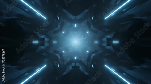 Futuristic Abstract Sci-Fi Tunnel with Glowing Blue Neon Lights and Geometric Patterns