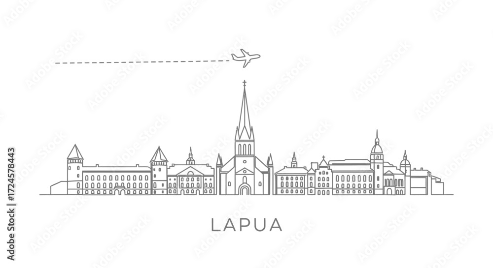 Fototapeta premium Lapua City Skyline Outline with Airplane and Flight Path