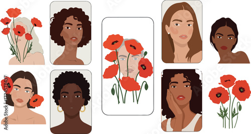 Artistic portraits of diverse women with floral elements and vibrant red poppies.