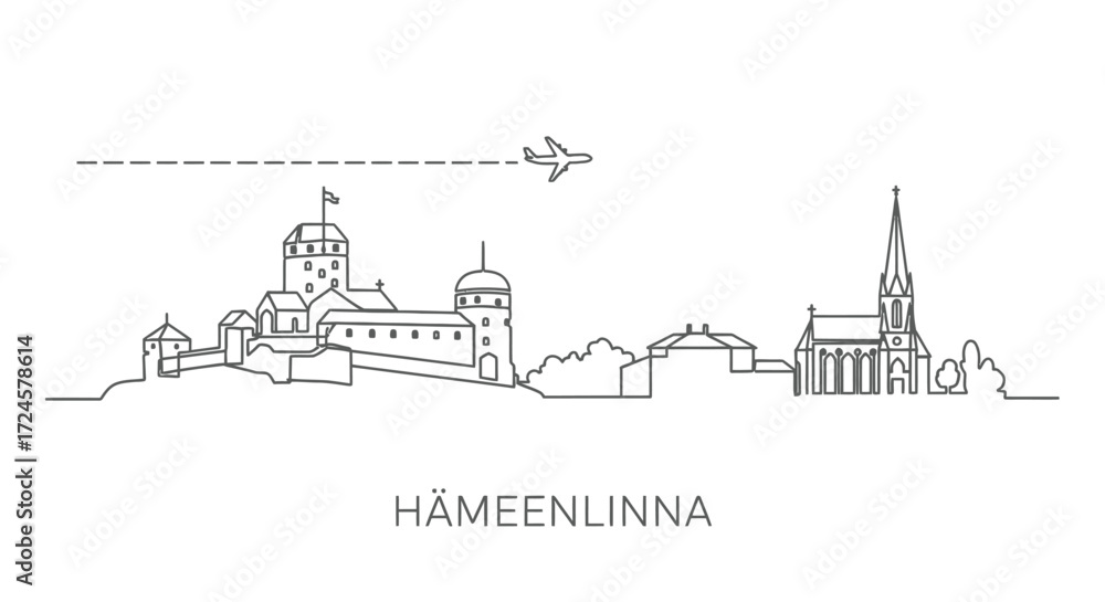 Fototapeta premium H?meenlinna Skyline with Castle and Plane in Minimalist Line Art Style