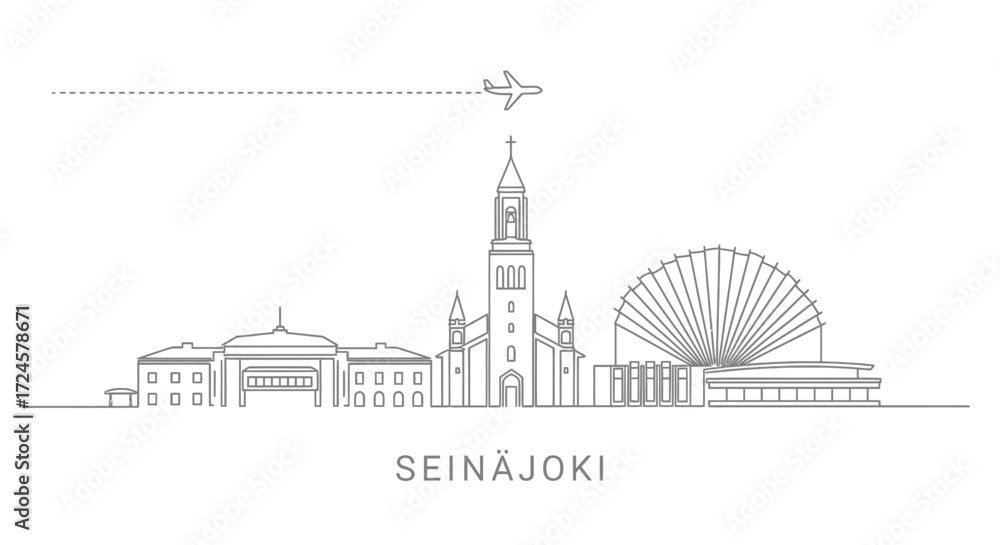 Fototapeta premium Seinajoki Skyline Vector Illustration with Airplane