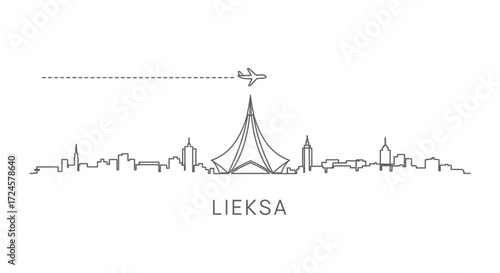 Minimalist Line Art Cityscape with Airplane and Contrail