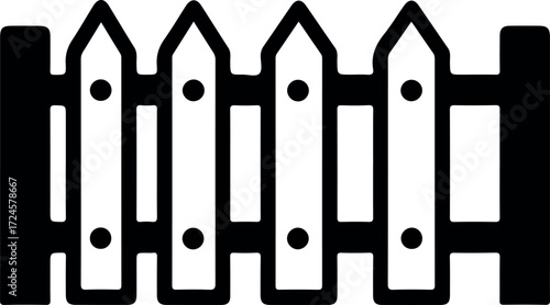 Black and white picket fence illustration showing wooden structure and design.