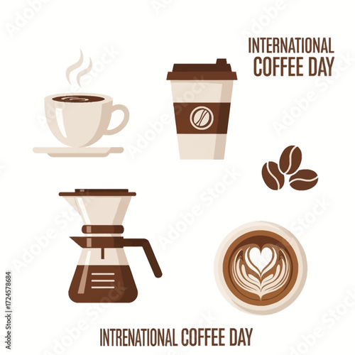 International Coffee Day A Collection of Coffee Cups, Beans, and Brewing Equipment
