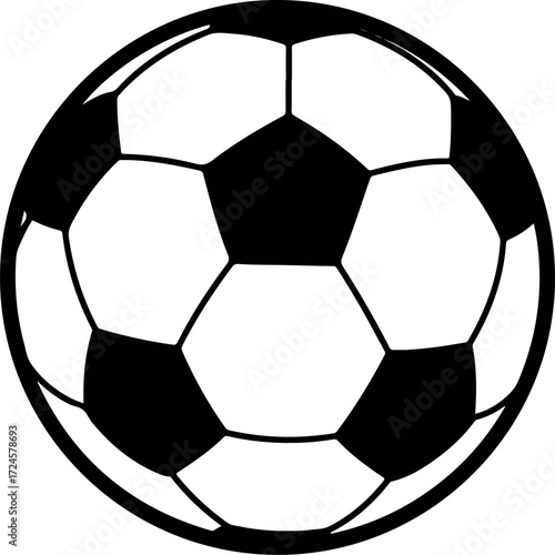 Black and white soccer ball illustration with pentagons and hexagons.