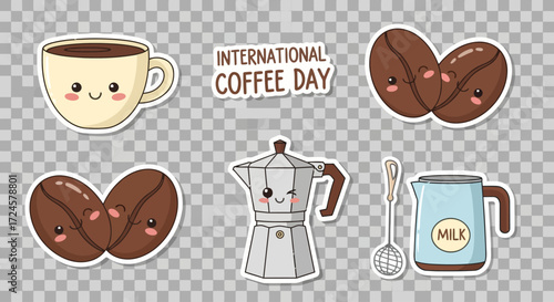 Cute and Playful Cartoon Coffee Stickers Collection Adorable Kawaii-Style Elements for Celebrating Your Favorite Brewed Beverage