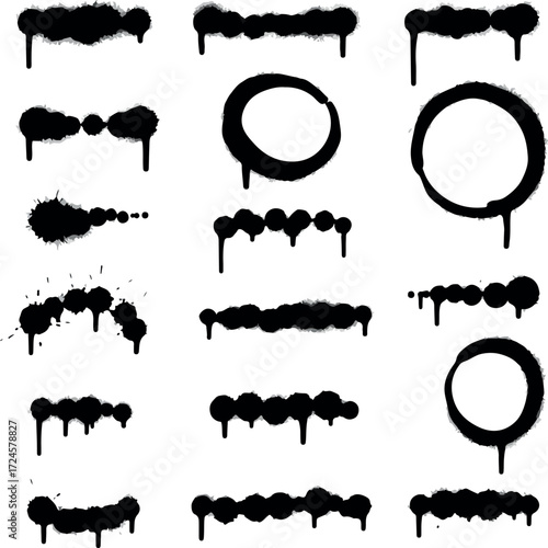 Black spray paint art elements collection on white background.