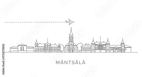 Minimalist Line Art Skyline of M?nts?l? with Airplane