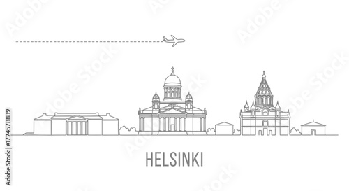 Helsinki Skyline Line Art with Airplane and Dashed Line