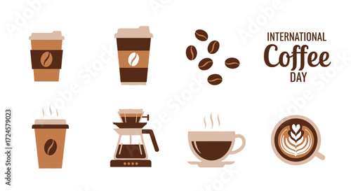 An appealing assortment of stylized coffee essentials, showcasing various disposable cups, latte art, brewing equipment, and scattered beans, perfect for any coffee enthusiast