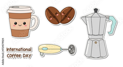 Charming Kawaii Coffee Collection Adorable Cartoon Moka Pot, Frother, Beans, and Takeaway Cup Celebrating the Joy of Coffee