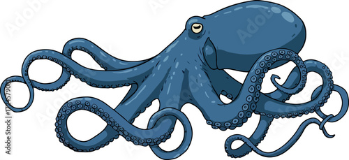 Blue octopus with tentacles and eye on white background.