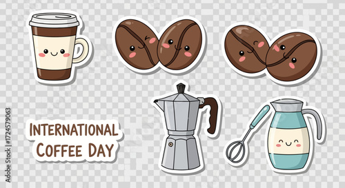 Cute sticker pack with smiling coffee beans, a happy cup, a moka pot, and a milk frother for a cheerful design concept