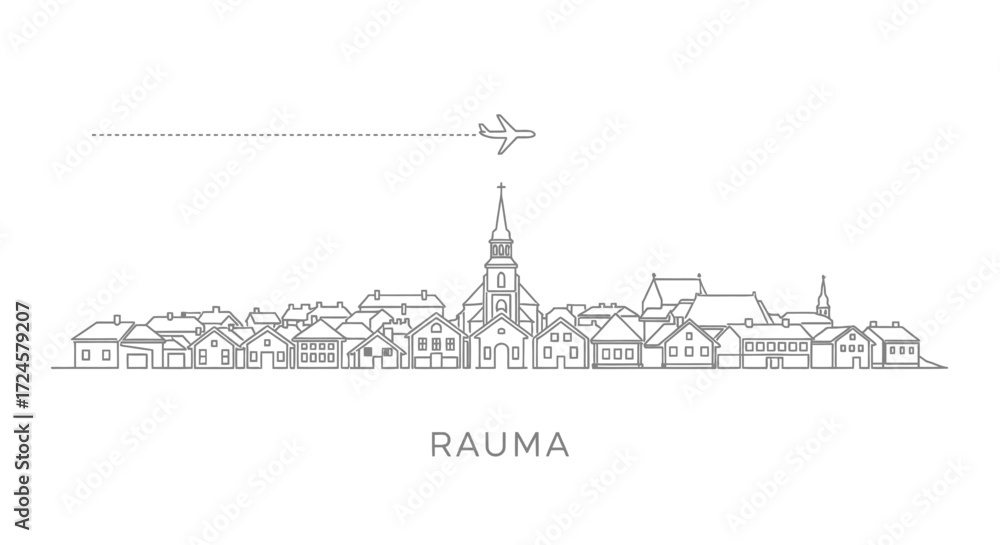 Obraz premium Minimalist Line Art Skyline of Rauma with Airplane