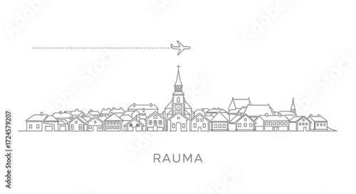 Minimalist Line Art Skyline of Rauma with Airplane