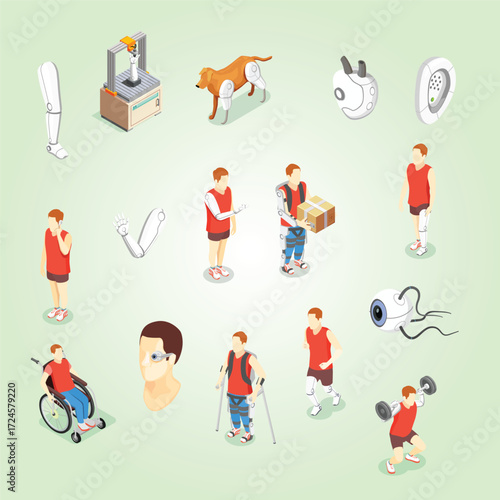 Isometric Modern Prosthetic Body Parts and Bionic Augmentation Technology Medical Illustration