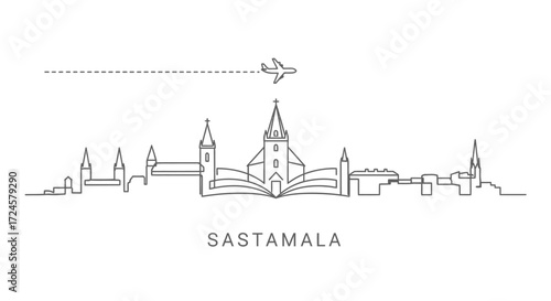 Sastamala Finland Skyline with Airplane and Book Symbol