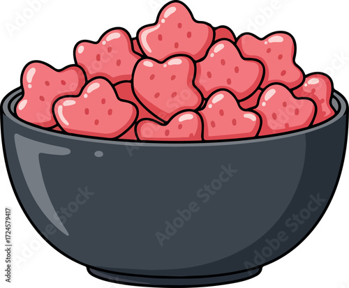 Bowl of strawberry shaped cereal ready for breakfast or snack.