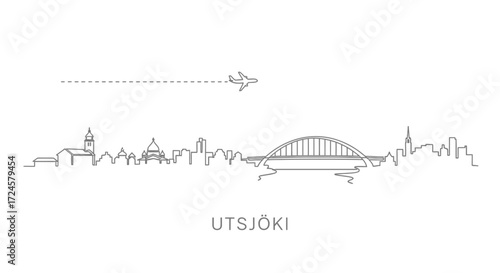 Utsjoki Finland Skyline with Bridge and Airplane Line Art