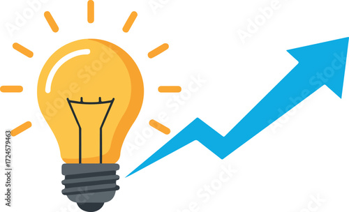 Bright idea and growth concept represented by lightbulb and arrow.
