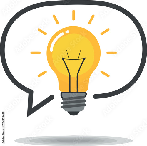 Bright idea concept with glowing lightbulb inside speech bubble.