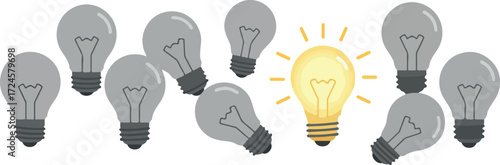Bright idea concept with glowing lightbulb among others.