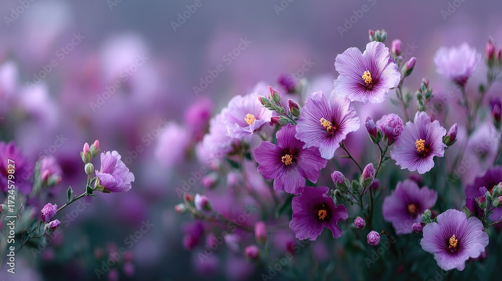 Fototapeta premium Close Up Macro Shot of Purple Wildflowers with Cinematic HDR Lighting and Blurred Background Displaying Floral Beauty and Delicate Petals