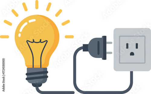 Bright lightbulb connected to power outlet for electricity concept.