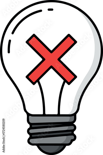 Broken idea concept with a red cross mark inside a lightbulb.