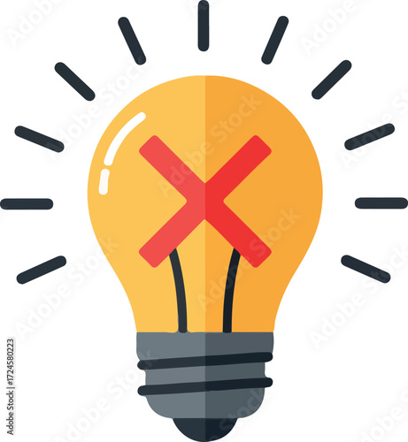 Broken light bulb with a red cross symbol indicating failure or error.