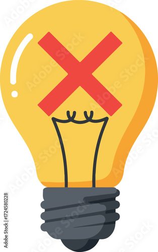 Broken lightbulb with a red X symbol indicating failure or error.
