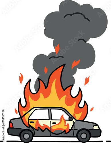 Burning car engulfed in flames and thick smoke a disaster scene.