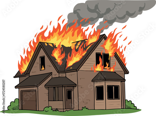Burning house engulfed in flames and smoke destruction disaster.