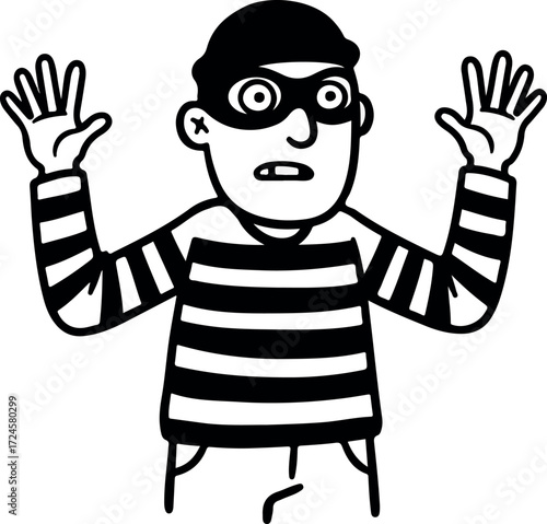 Burglar with hands up surrendering after being caught in the act of crime.