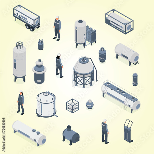 Isometric Detailed Industrial Gas Storage Tank and Worker Illustration Asset